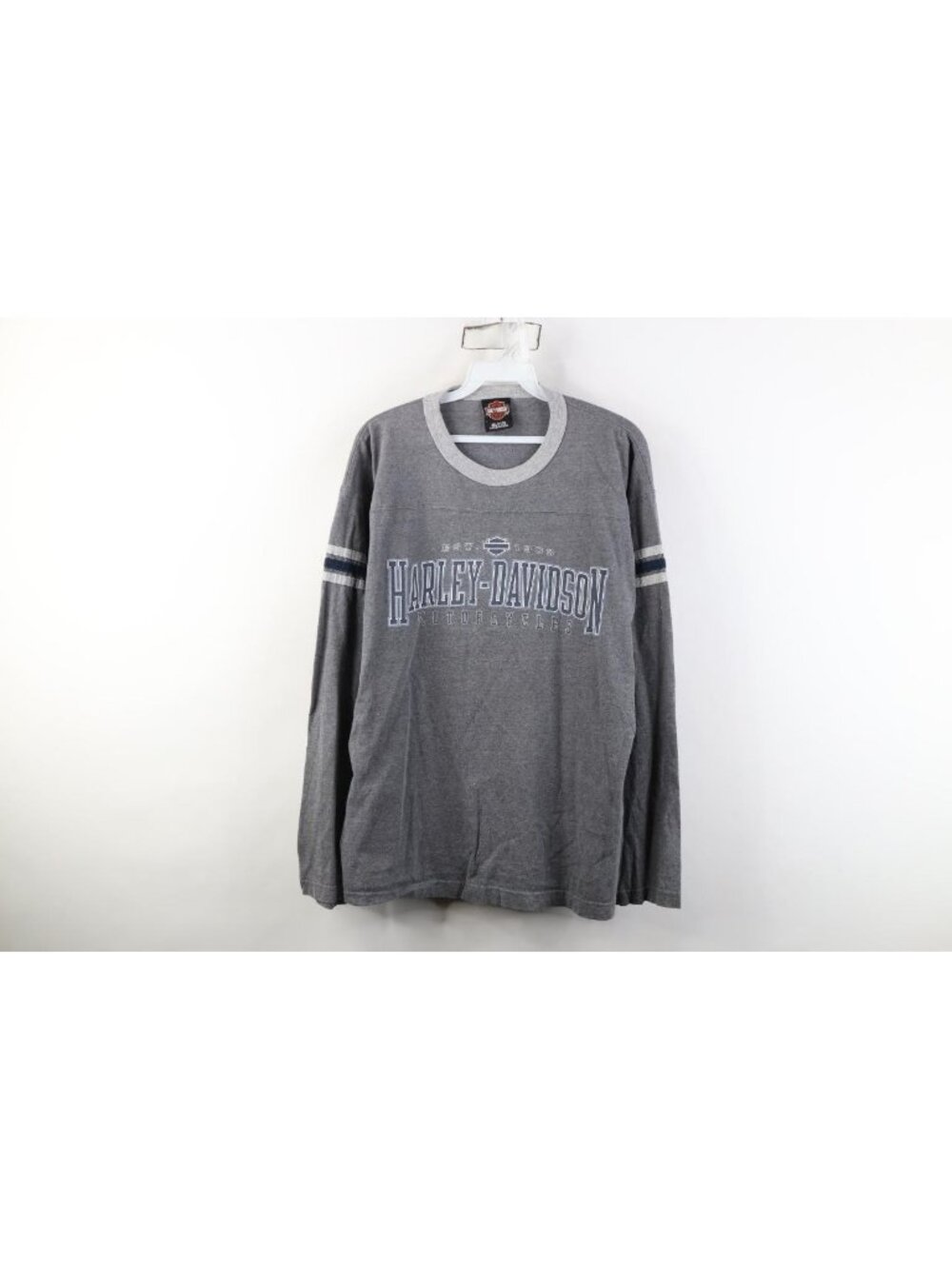 Vintage Y2K 2007 Harley Davidson Mens Large Striped Long Sleeve T-Shirt Gray USA